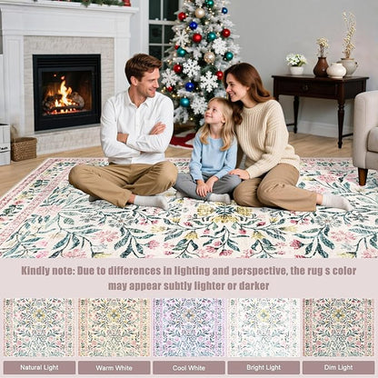 Area Rug Living Room Rugs: Floral 5x7 Washable Rug Vintage Soft Boho Non-Slip Carpet Indoor Stain Resistant Large Carpets for Bedroom Dining Room Farmhouse Nursery Hallway Home Office Pink Green