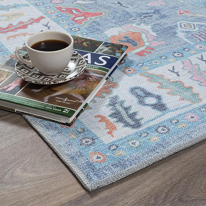 Fame Rugs Blue Modern Oushak Rug 3x5, Washable Vintage Turkish Colorful Oriental Antique Inspired Foldable Small Area Rugs, Luxury Living Room Bedroom (381LB, 2'6" x 5')