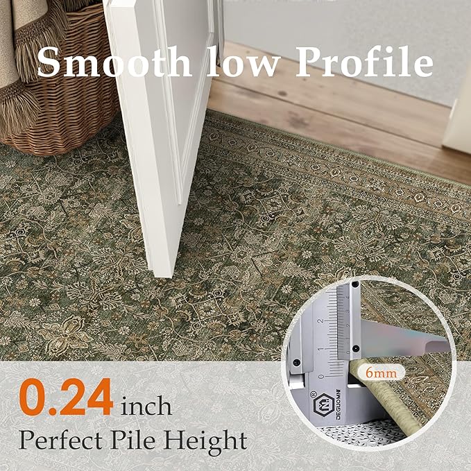 Entryway Area Rug 2x3 Green Brown Vintage Washable Kitchen Bathroom Carpet Traditional Distressed Soft Non Slip Small Door Mat Retro Low Pile Thin Rug for Entrance Laundry Bedroom