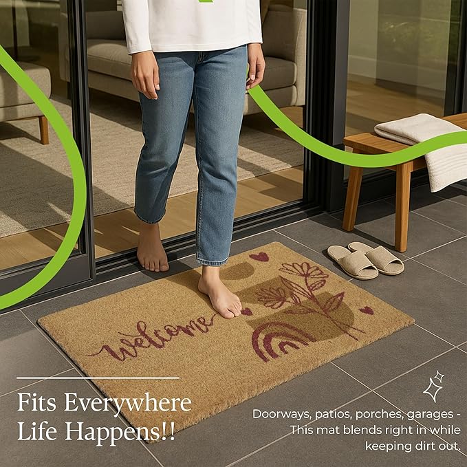 Coir Door Mats 17" X 30", Non-Slip Sturdy, PVC Backed Heavy Duty, Easy to Clean, Ideal for Door Entrance, Patio, Porch, Backyard, Garages, Welcome Abstract