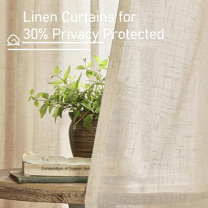 LAMIT Natural Sheer Linen Curtains for Bedroom, Faux Linen Textured Light Filtering Drapes Back Tab and Rod Pocket Boho Neutral Burlap Panels for Farmhouse/Living Room, 2 Panels, 52 x 72 Inch