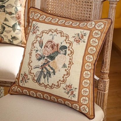 patdrea Designer Vintage Floral Throw Pillow Covers for Couch,Brown Yellow Linen Pillowcases with Bird and Rose Pattern Decorative Square Cushion for Bed Living Room Outdoor Cafe Car,18"x18"