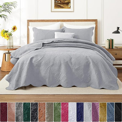 IR Imperial Rooms Twin Quilt Bedding Set Size (68” x 86”) + 1 Pillow Shams (20” x 26” + 2”) - 2 Pcs All Season Lightweight Reversible Microfiber Coverlet Floral Embossed Quilt Bedspread (Silver)