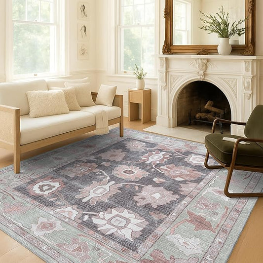 Fame Living Green Oushak Rug, Modern, Vintage, Turkish, Eclectic, Floral, Pastel, Washable, Extra Large Area Rugs for Living Room, Dining, Bedroom, Lounge, 9'x12'