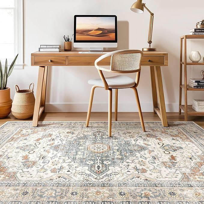 7x9 Area Rug Living Room: Washable Boho Large Neutral Vintage Soft Rug Stain Resistant Distressed Farmhouse Non-Slip Indoor Floor Carpet for Bedroom Nursery Kids Office Dining Room- Beige Blue