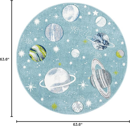 SAFAVIEH Carousel Kids Collection 5'3" Round Teal/Ivory CRK103J Outer Space Non-Shedding Playroom Nursery Bedroom Area Rug