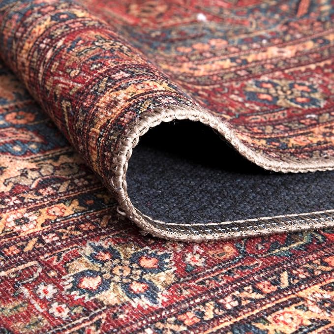 Bloom Rugs Washable Non-Slip 6' x 9' Rug - Red/Teal Blue/Yellow Traditional Medallion Area Rug for Living Room, Bedroom, Dining Room, and Kitchen - Exact Size: 6' x 9'