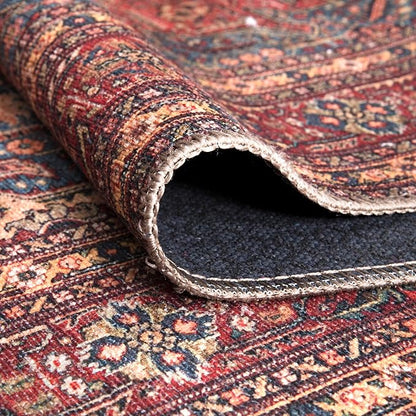 Bloom Rugs Washable Non-Slip 7 ft Runner - Red/Teal Blue/Yellow Traditional Medallion Runner for Entryway, Hallway, Bathroom, and Kitchen - Exact Size: 2.5' x 7'
