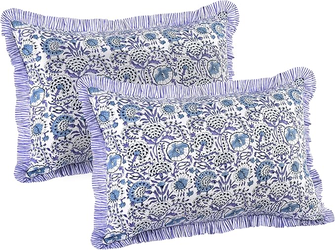 CPC Indigo Blue 100% Cotton Block Print Ruffle Sham Cover 20X36 inch Pack of 2, Handmade Boho Floral Pillowcase, Soft Decorative King Bed Pillow Cover for Bedroom Décor