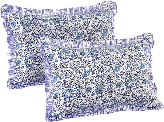 CPC Indigo Blue 100% Cotton Block Print Ruffle Sham Cover 20X36 inch Pack of 2, Handmade Boho Floral Pillowcase, Soft Decorative King Bed Pillow Cover for Bedroom Décor