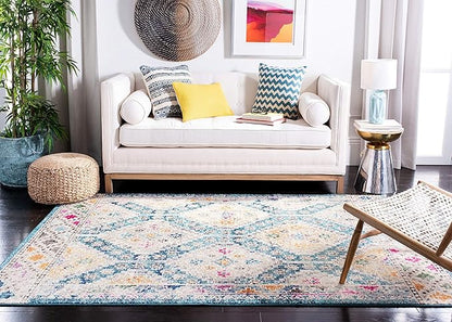SAFAVIEH Madison Collection Area Rug - 3' Square, Dark Blue & Yellow, Boho Diamond Distressed Design, Non-Shedding & Easy Care, Ideal for High Traffic Areas in Living Room, Bedroom (MAD418N)
