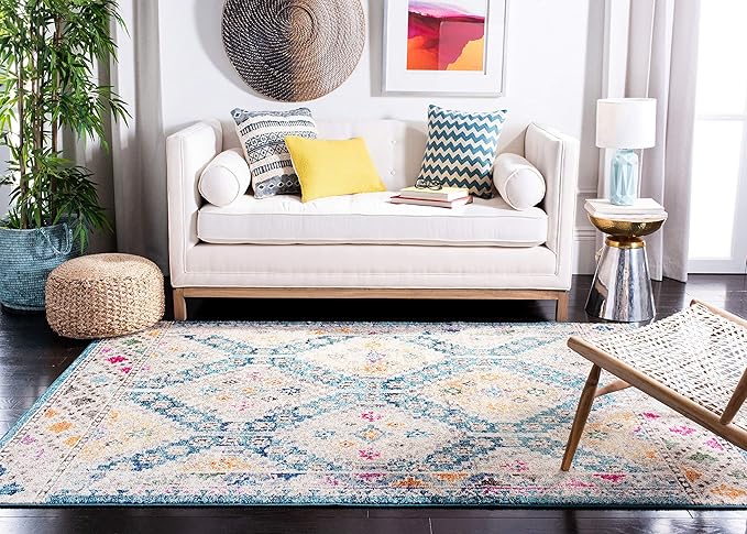 SAFAVIEH Madison Collection Area Rug - 10' x 14', Dark Blue & Yellow, Boho Diamond Distressed Design, Non-Shedding & Easy Care, Ideal for High Traffic Areas in Living Room, Bedroom (MAD418N)