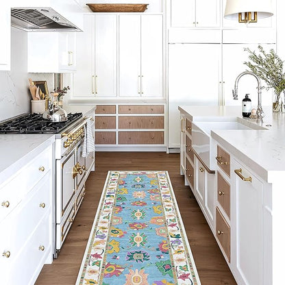 Fame Living Colorful Oushak Runner Rug, Modern Runners, Turkish, Eclectic, Floral, Pastel, Washable, Small Throw Rugs, Short Runner for Entryway, Laundry, Foyer, Bedroom, Kitchen, Bathroom, 2'5"x6'5"