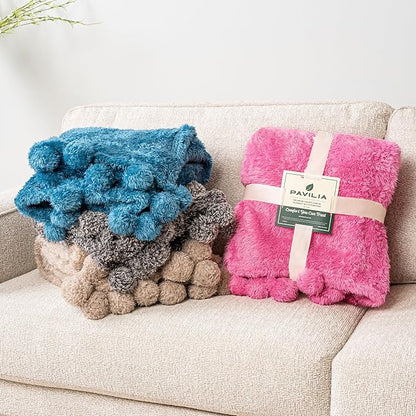 Pavilion Pink Sherpa Throw Blanket, Warm Plush Fuzzy Pom Pom Blanket for Couch, Sofa Throw, Lightweight Soft, Cozy Fluffy Blanket, Hot Pink, 50x60