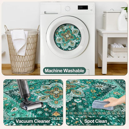 Tangsoo 2x10 Washable Runner Rug for Hallways, Non Slip Vintage, Soft Low Pile Long Rugs Runner, Print Distressed Emerald Carpet Runners for Kitchen Bedroom Entryway Bathroom Living Room