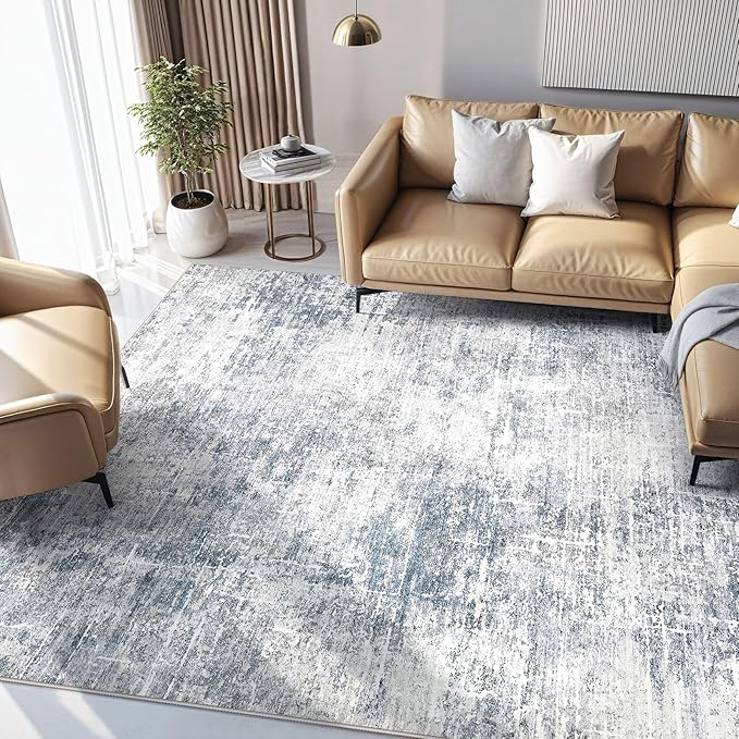 Abstract Living Room Rug 9x12 - Modern Washable Soft Thin Area Rug for Living Room Bedroom Under Dining Table - Neutral Indoor Floor Rug Carpets for Home Office Playroom Nursery - Blue Grey