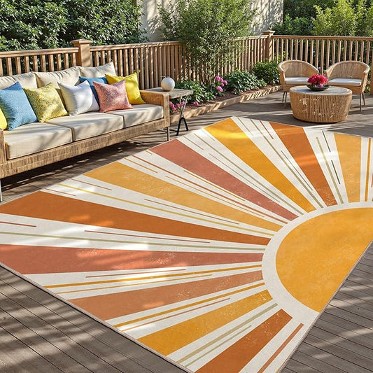 Outdoor Indoor Area Rug Boho Sun Washable Outdoor 8x10 Patio Rugs Medieval Aesthetic Vintage Abstract Art Non-Slip Carpet for Living Room, Patio, Porch, Pool Deck (8x10)