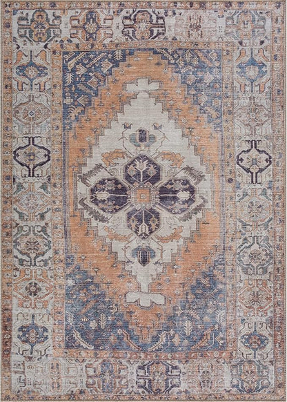 Bloom Rugs Washable 4' x 6' Rug - Orange/Blue/Beige Traditional Area Rug for Living Room, Bedroom, Dining Room, and Kitchen - Exact Size: 4' x 6'