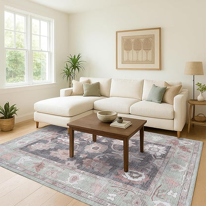 Fame Living Green Oushak Rug, Modern, Vintage, Turkish, Eclectic, Floral, Pastel, Washable, Large Area Rugs for Living Room, Dining, Bedroom, Girls, Boys, 7'5"x9'8"