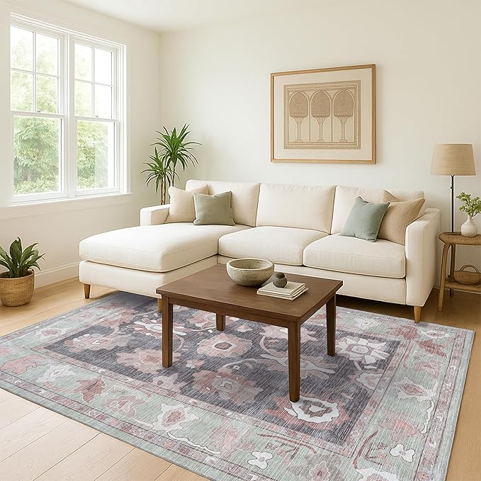 Fame Living Green Oushak Rug, Modern Rugs, Vintage, Turkish, Eclectic, Floral, Pastel, Washable, Small Throw, Accent Area Rug for Living Room, Bedroom, Kitchen, Bathroom, 2'5"x4'9"