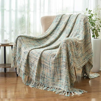 Multi-Color Blue Grey Cable Knitted Throw Blanket for Couch,50"X60" Boho Style Textured Blankets for Home Decor,Super Soft Warm Cozy Chunky Knit Blanket with Decorative Tassels for Bed