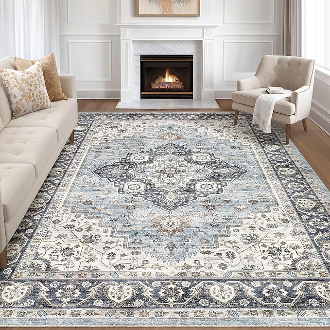 7x9 Area Rug Living Room: Washable Boho Large Neutral Vintage Soft Rugs Stain Resistant Farmhouse Non-Slip Indoor Floor Carpet for Bedroom Nursery Kids Playroom Office Dining Room- Blue Tan