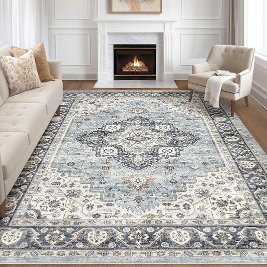 7x9 Area Rug Living Room: Washable Boho Large Neutral Vintage Soft Rugs Stain Resistant Farmhouse Non-Slip Indoor Floor Carpet for Bedroom Nursery Kids Playroom Office Dining Room- Blue Tan