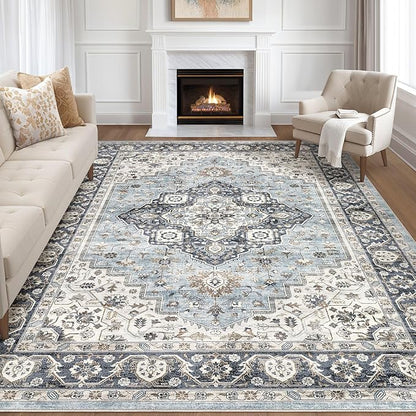 9x12 Area Rug Living Room: Washable Boho Large Neutral Vintage Soft Rugs Stain Resistant Farmhouse Non-Slip Indoor Floor Carpet for Bedroom Nursery Kids Playroom Office Dining Room House- Blue Tan