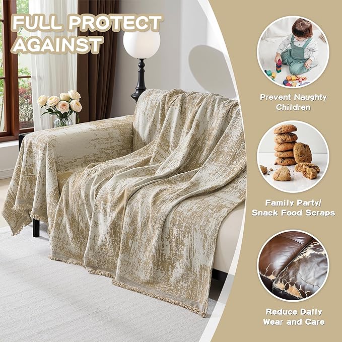 MEETSKY Oversized Couch Cover for Sectional Sofa Set Abstract Geometric Sofa Cover Washable for Pet Friendly, Couch Cover 3 Seat Couch Protector Multi-Use Blanket for Living Room, 91"x150", Khaki