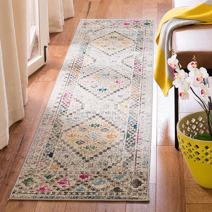 SAFAVIEH Madison Collection Runner Rug - 2'2" x 16', Grey & Yellow, Boho Diamond Distressed Design, Non-Shedding & Easy Care, Ideal for High Traffic Areas in Living Room, Bedroom (MAD418F)