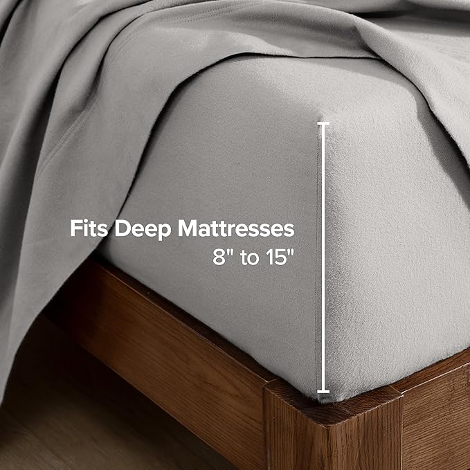 Bare Home Flannel Fitted Bottom Sheet 100% Cotton Twin Extra Long, Velvety Soft Heavyweight - Double Brushed Flannel - Deep Pocket (Twin XL, Light Grey)