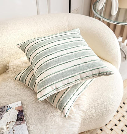 Decorative Boho Throw Pillow Covers, Farmhouse Textured Pillow Case, 22 x 22 Inch Set of 2, Chair Sofa Bedroom Living Room Home Decor Couch Cushion Case, Green and Beige Striped