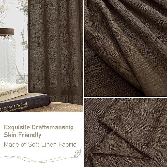 LAMIT Dark Brown Sheer Linen Curtains, 102 inch Light Filtering Semi Sheer Panels Back Tab and Rod Pocket Farmhouse Drapes for Bedroom/Living Room, 2 Panels, 52 x 102 Inch