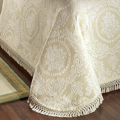 Timeless Vintage Style Bedding with Fringe Edges | Neutral Sage and Ecru | Textured Matelasse Rose Medallions and Leaves | 3 Piece Lightweight Bed Set: Oversized King Bedspread & 2 King Pillow Shams