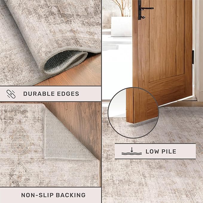 Beige & Brown 5x8 Area Rugs for Bedroom - Abstract Distressed Farmhouse Rug for Living Room, Home Office, Foyer, Kitchen Table, Foldable Soft Washable Low Pile Non Slip Stain Resistant