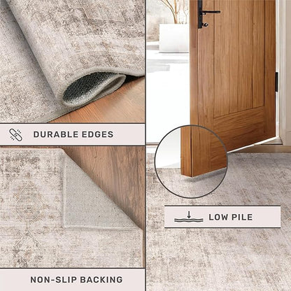Beige Brown 2x3 Washable Rug for Entryway Indoor, Kitchen Floor Waterproof, Bathroom, Powder Room, Non Slip Low Pile Stain & Fade Resistant Small Throw Rug, Modern Abstract Decor