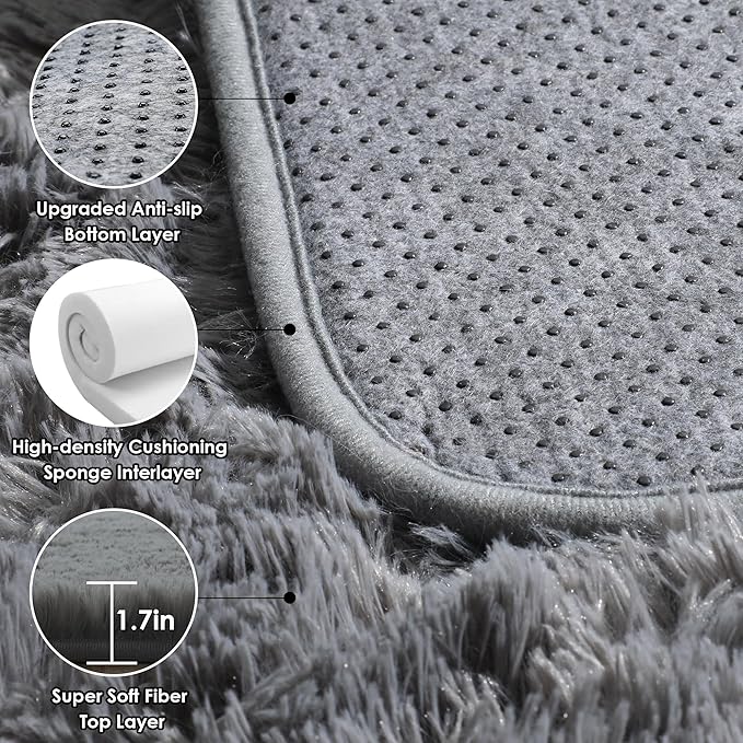 ONASAR Grey 3x5 Rugs for Bedroom, Fluffy Washable Gray Bedside Area Rug, Ultra Soft Shaggy Fuzzy Plush Small Floor Carpets for Living Room College Dorm Teen Kids Boys Home Decor Aesthetic