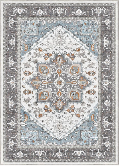 OPPODREAM Thin 8x10 Area Rugs, Washable Rugs 8x10 with Non Slip Backing, Faux Cashmere Low-Pile 8 x 10 Carpet, Grey & Teal & Yellow