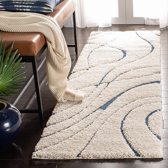 SAFAVIEH Florida Shag Collection Accent Rug - 2'3" x 5', Cream & Blue, Non-Shedding & Easy Care, 1.2-inch Thick Ideal for High Traffic Areas in Entryway, Living Room, Bedroom (SG471-1165)