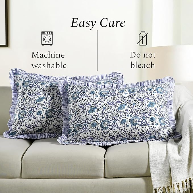 CPC Indigo Blue 100% Cotton Block Print Ruffle Sham Cover 20X30 inch Pack of 2, Handmade Boho Floral Pillowcase, Soft Decorative Queen Bed Pillow Cover for Bedroom Décor