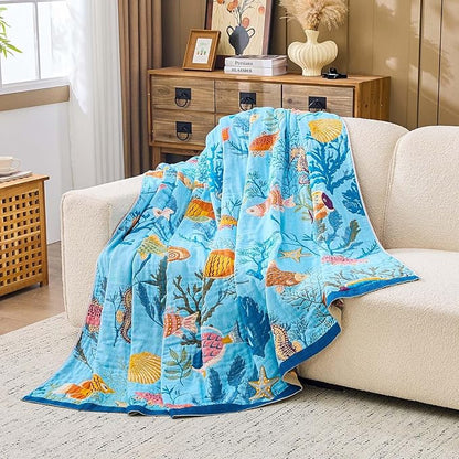 Blue Boho Blanket, 80"x90" Soft Farmhouse Decorative Throw Blanket, 100% Cotton Reversible Vintage Muslin Quilt Bohemian Decor Woven Blanket All Season Blankets for Sofa Couch Chair