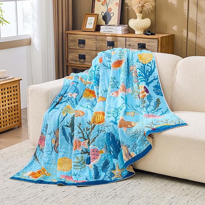 Blue Boho Blanket, 60"x80" Soft Farmhouse Decorative Throw Blanket, 100% Cotton Reversible Vintage Muslin Quilt Bohemian Decor Woven Blanket All Season Blankets for Sofa Couch Chair