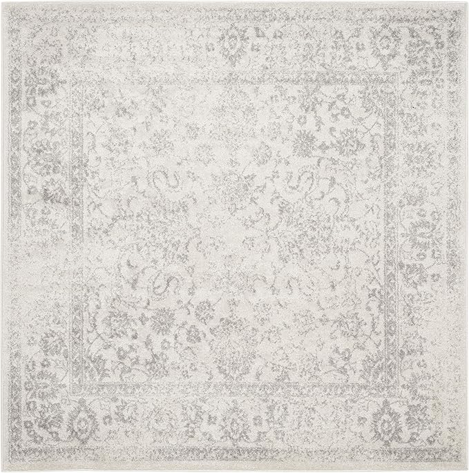 SAFAVIEH Adirondack Collection Area Rug - 5' Square, Ivory & Silver, Distressed Vintage Floral Design, Non-Shedding & Easy to Clean, Ideal for Living Room, Bedroom, Dining Space (ADR109C)