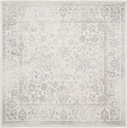 SAFAVIEH Adirondack Collection Area Rug - 5' Square, Ivory & Silver, Distressed Vintage Floral Design, Non-Shedding & Easy to Clean, Ideal for Living Room, Bedroom, Dining Space (ADR109C)