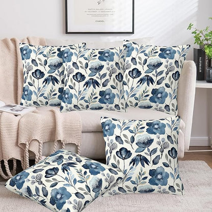 Throw Pillow Covers Blue Floral Pillow Covers 20x20 Inch Set of 2 Throw Pillows Decorative Pillow Cases Cushion Covers for Bedroom Livingroom Sofa Farm House