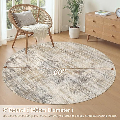 5ft Round Area Rug for Living Room: 5x5 Washable Neutral Abstract Modern Soft Rugs Non Slip Indoor Floor Stain Resistant Carpet for Bedroom Dining Room Office Nursery - Golden Brown