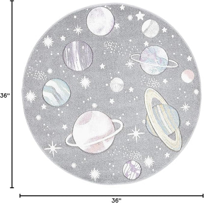 SAFAVIEH Carousel Kids Collection 3' Round Grey/Lavender CRK103F Outer Space Non-Shedding Playroom Nursery Bedroom Area Rug
