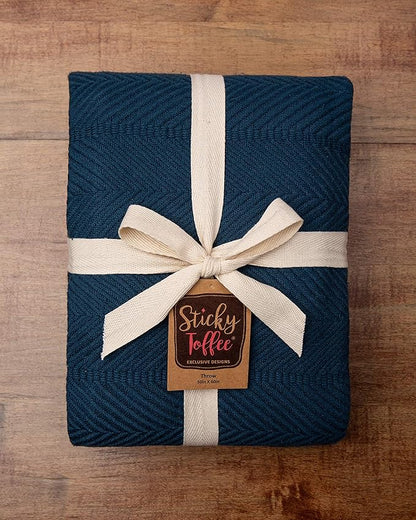 Sticky Toffee Cotton Throw Blanket 60x50 in – Soft Lightweight Woven Blue Blanket for Couch or Bed, Herringbone Weave, Boho Farmhouse Style