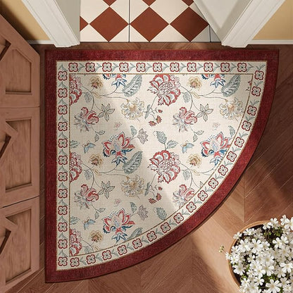 jinchan Elora Floral Corner Rug for Entryway Washable Rug Vintage Romance Christmas Design Non Slip Quarter Circle Lightweight Low-Pile Throw Carpet for Playroom Nook Nursery, 4ft Radius, Red/Beige