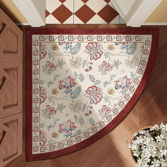 jinchan Elora Floral Corner Rug for Entryway Washable Rug Vintage Romance Christmas Design Non Slip Quarter Circle Lightweight Low-Pile Throw Carpet for Playroom Nook Nursery, 4ft Radius, Red/Beige
